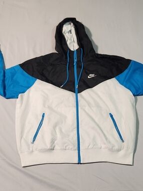 Nike Black White and Blue Colorblock Hooded Windbreaker Jacket